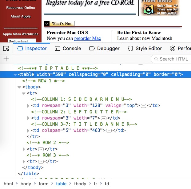 Apple.com 1997 with FF elements inspector showing tables markups